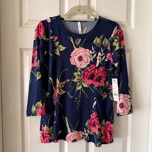 NY Collection Navy Floral Keyhole Swing Tunic Top PM NWT